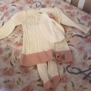 Baby girl sweater dress, stockings and hat